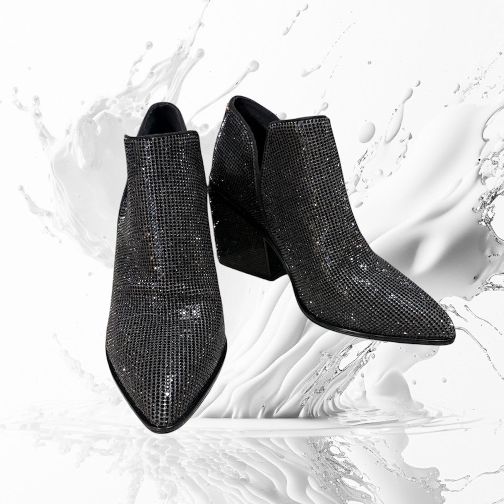 She Is Cheval Le Tigre Dynamiter Rhinestone Block Heel Bootie 6 Wednesday Adams